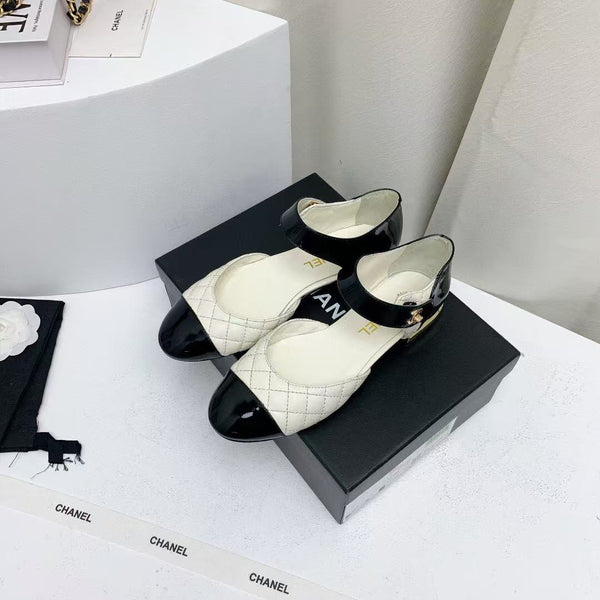 CC Quilted Cap Toe Ballerina Flats Black White Lamskin & Calfskin