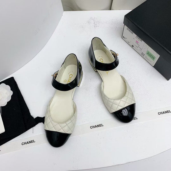 CC Quilted Cap Toe Ballerina Flats Black White Lamskin & Calfskin
