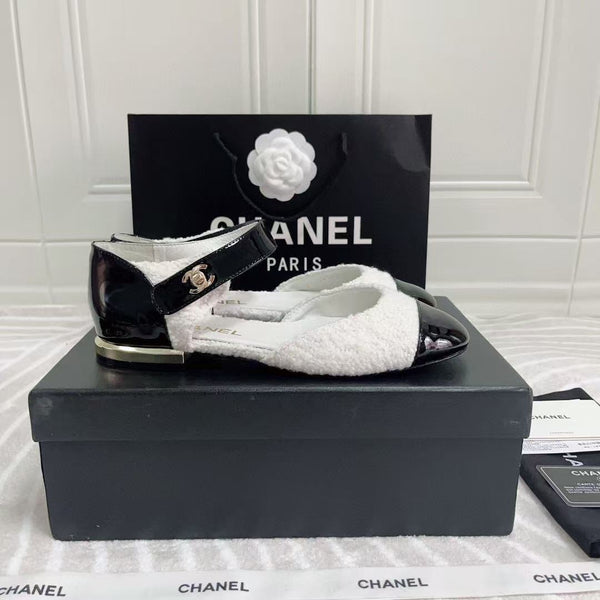 CC Ballerina Flats Black White Tweed & Calfskin