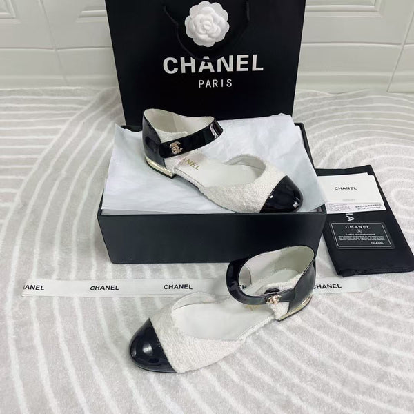 CC Ballerina Flats Black White Tweed & Calfskin