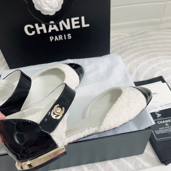 CC Ballerina Flats Black White Tweed & Calfskin