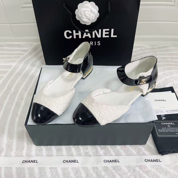 CC Ballerina Flats Black White Tweed & Calfskin