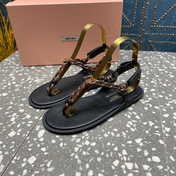 miu riviere cord & leather brown sandal