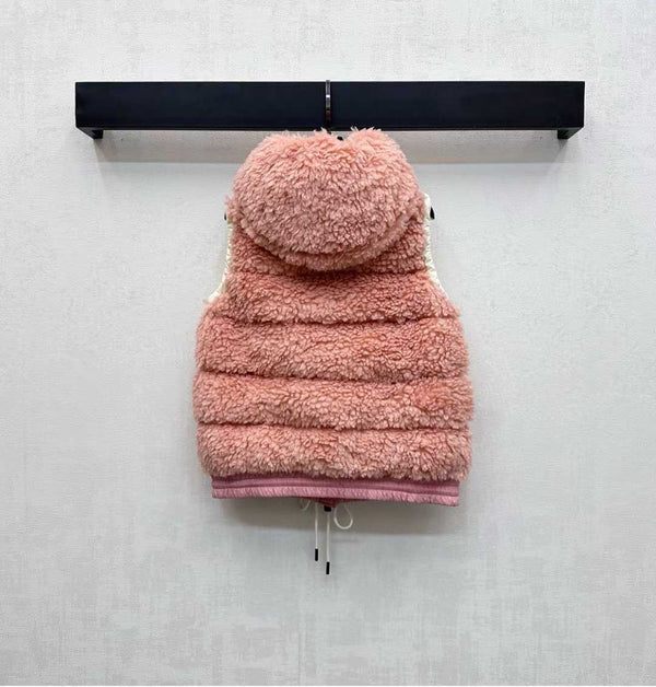 Moncle 25 Teddy Plush Down Vest in Pink
