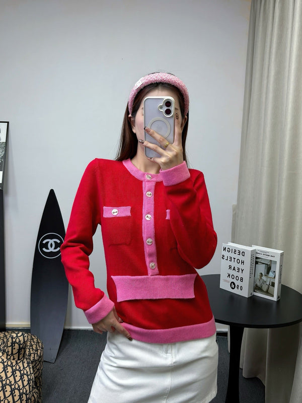 CC 25F Round-Neck Knitted Long-Sleeved Cardigan Red Wool