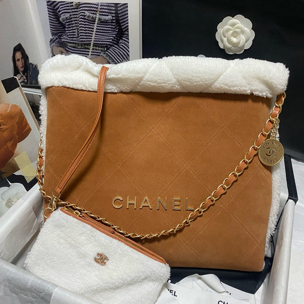 CC 22 Bag 35cm Brown White Shearling Lambskin