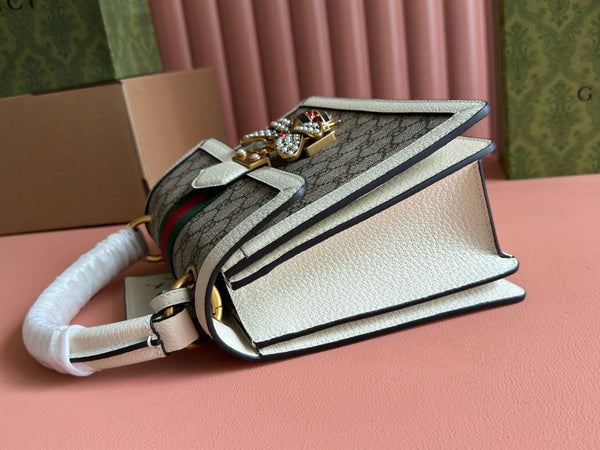 GG MINI 25 HANDBAG IN BEIGE CANVAS AND WHITE CALFSKIN