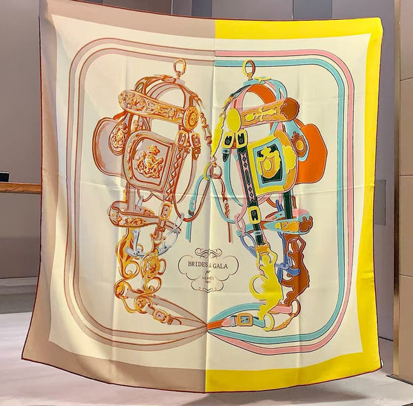 HM Brides de Gala Applique Pique shawl Scarf 140 CM In Brown and Yellow Cashmere And Silk 359401