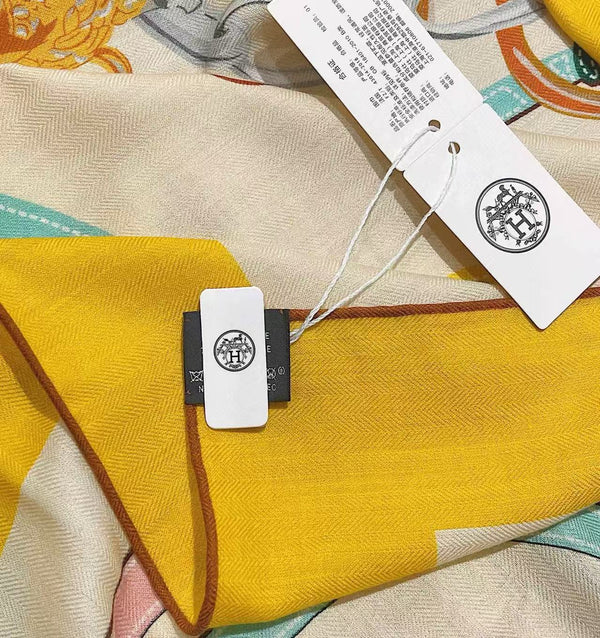 HM Brides de Gala Applique Pique shawl Scarf 140 CM In Brown and Yellow Cashmere And Silk 359401