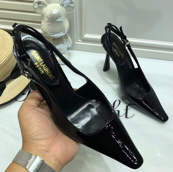 SL SLINGBACK PUMPS 100MM IN BLACK CALFSKIN PATENT LEATHER