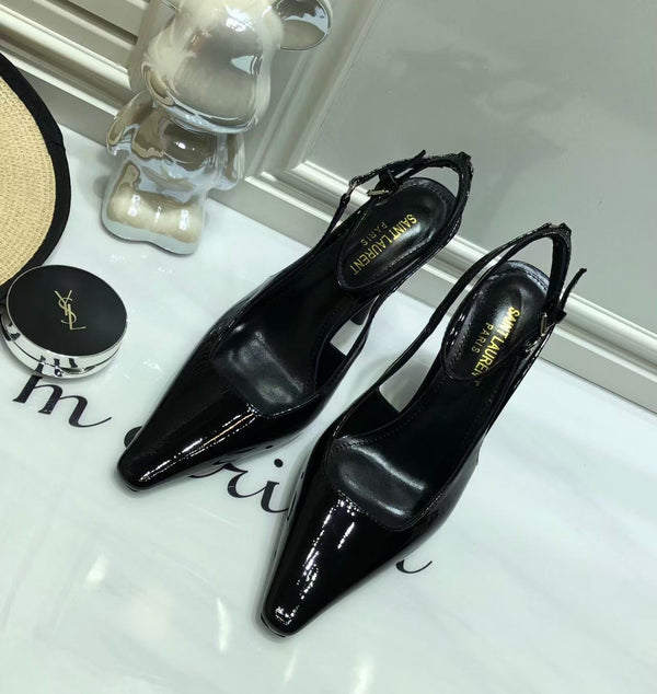 SL SLINGBACK PUMPS 100MM IN BLACK CALFSKIN PATENT LEATHER