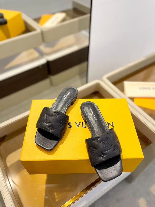 LV Neo Revival Mule Flat Nero Logo in rilievo Pelle bovina