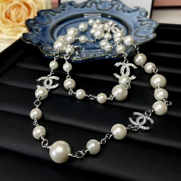 CC Pearl Silver Hardware Long Necklace 65cm with Crystals