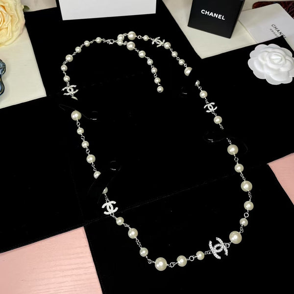 CC Pearl Silver Hardware Long Necklace 65cm with Crystals