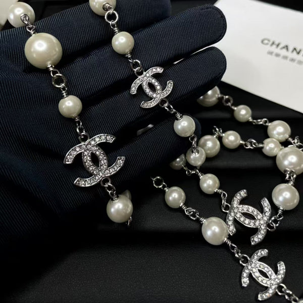 CC Pearl Silver Hardware Long Necklace 65cm with Crystals