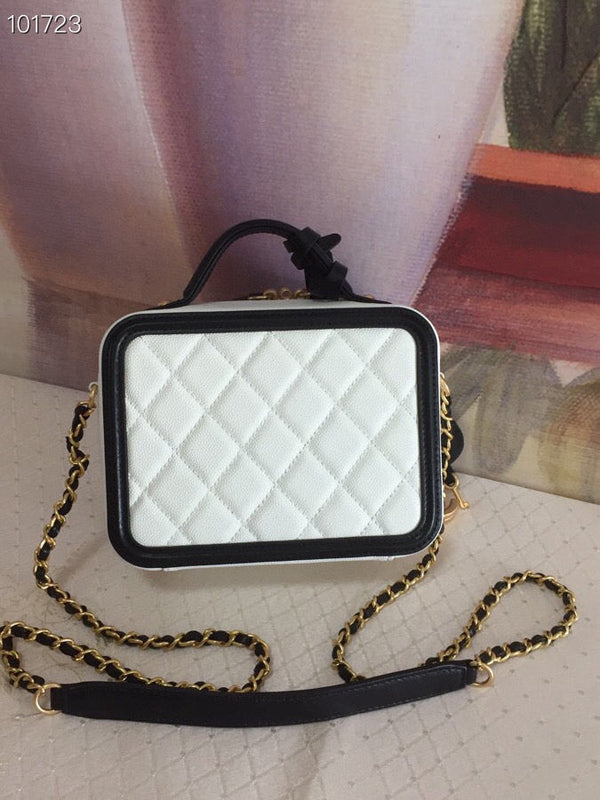 CC Filigree Vanity Case Bag Black White Quilted Caviar Leather