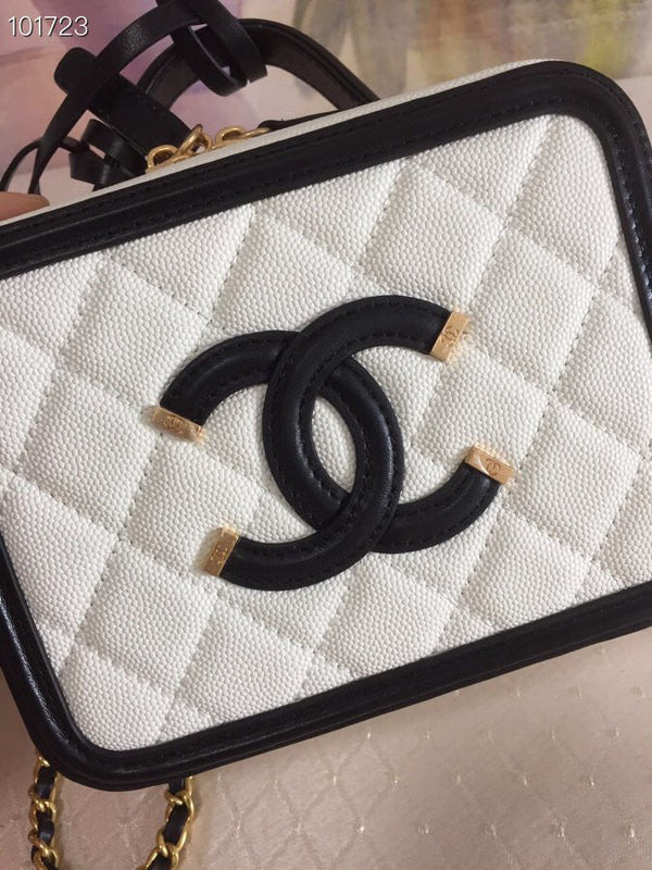 CC Filigree Vanity Case Bag Black White Quilted Caviar Leather