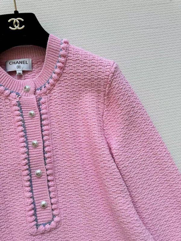 Chanel 25P Long-Sleeve Top Pink Tweed Pearl Buttons