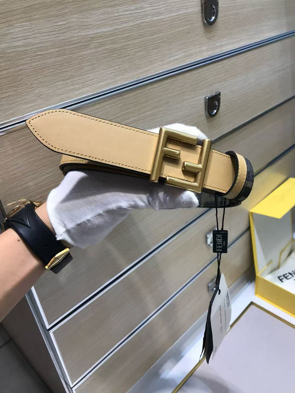 FF Belt 35mm Monogram Canvas Beige Calfskin Gold Hardware