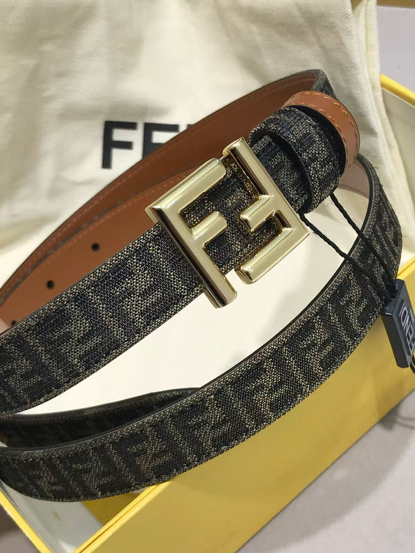 FF Belt 2mm Monogram Canvas Beige Calfskin Gold Hardware