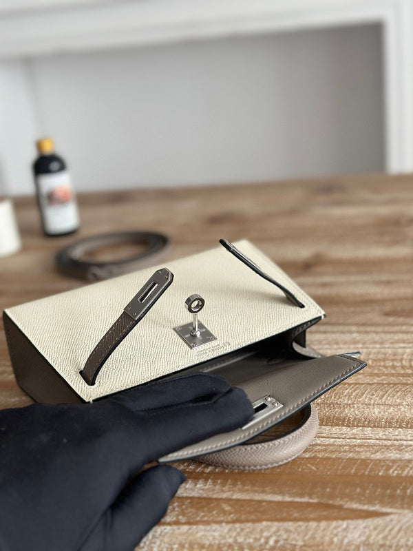 HM Mini Kelly 19cm Beige Mix Brown Epsom Silver Hardware