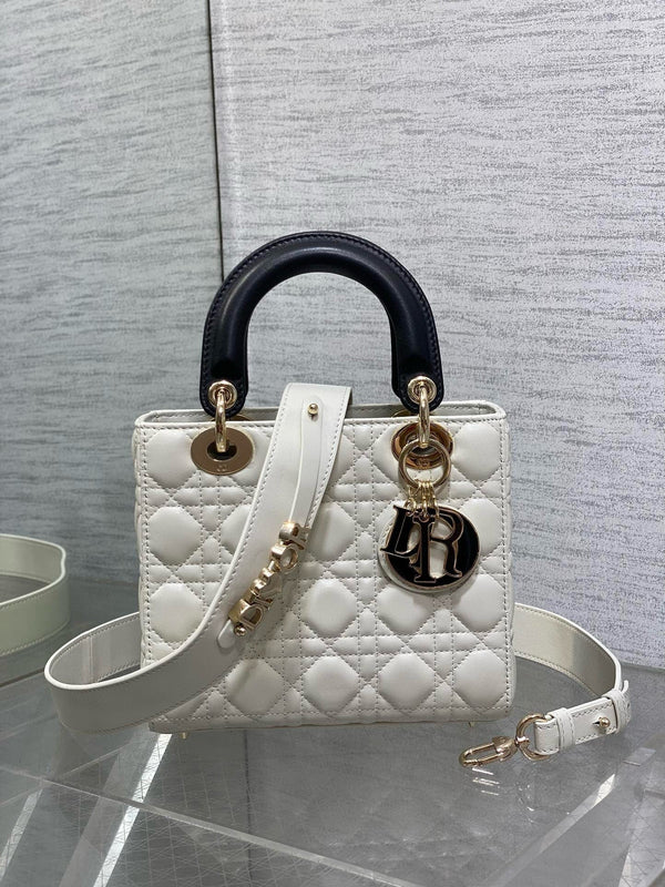 Lady Dior 20cm White Black Gold Chain Lambskin