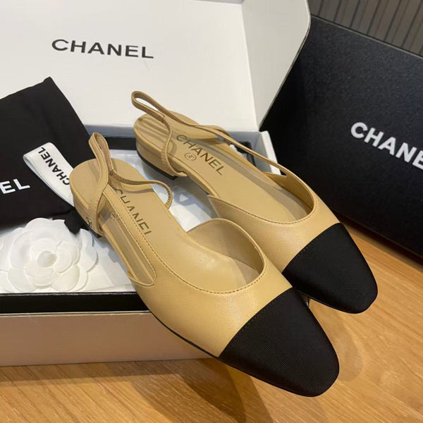 slingbacks flat beige goatskin black grosgrain