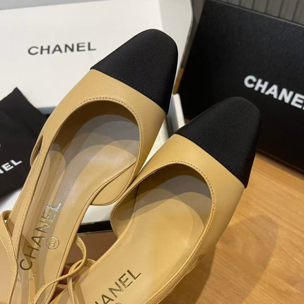 slingbacks flat beige goatskin black grosgrain