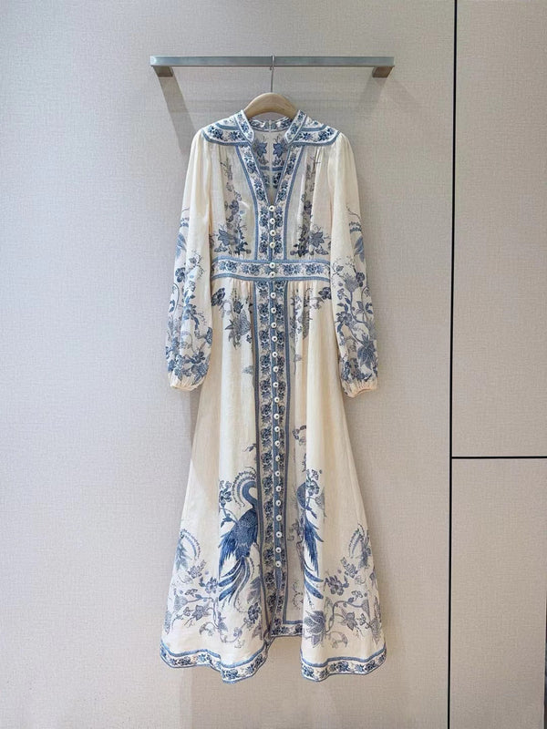 ZIMMERMANN Lucky Plunge Midi Dress Cream/Blue Floral Linen Fabric