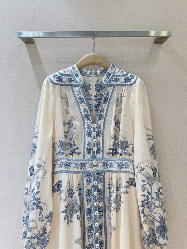 ZIMMERMANN Lucky Plunge Midi Dress Cream/Blue Floral Linen Fabric