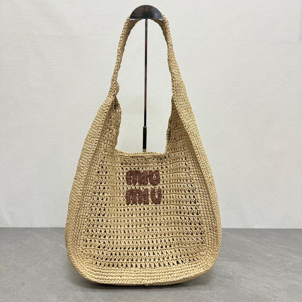 Miu Miu Woven Fabric Hobo Bag 44cm Beige Mix Cognac