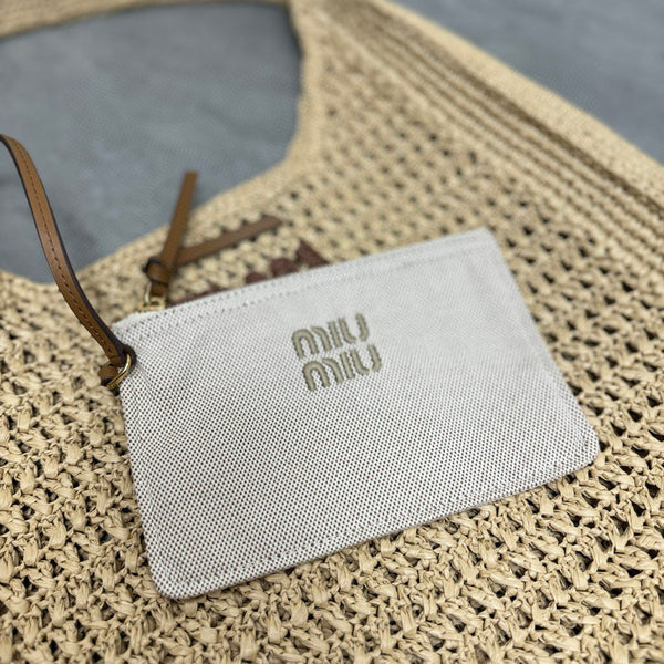 Miu Miu Woven Fabric Hobo Bag 44cm Beige Mix Cognac