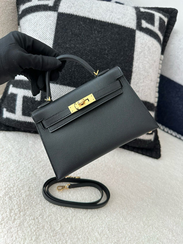 HM Mini Kelly 19cm Black Epsom Gold Hardware Best Version