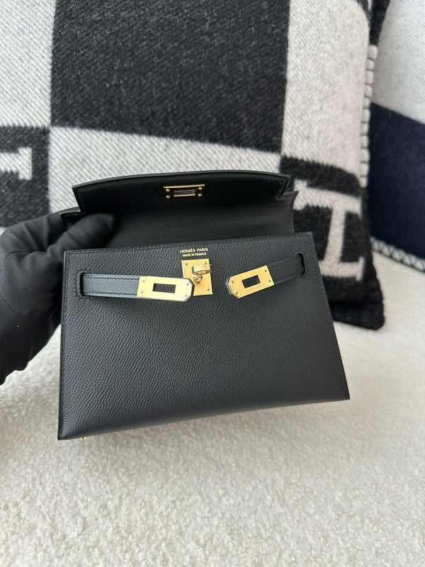 HM Mini Kelly 19cm Black Epsom Gold Hardware Best Version