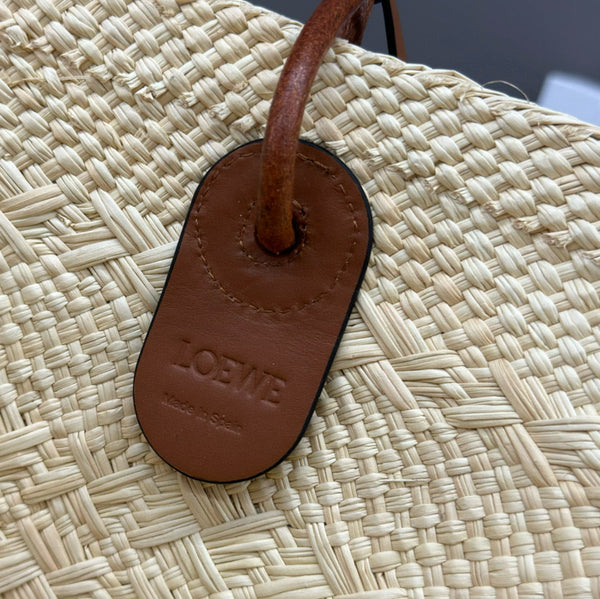 LOE ANAGRAM BASKET 46CM BAG IN NATURAL MIX BROWN IRACA PALM AND CALFSKIN