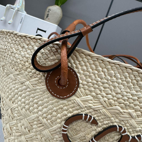 LOE ANAGRAM BASKET 46CM BAG IN NATURAL MIX BROWN IRACA PALM AND CALFSKIN