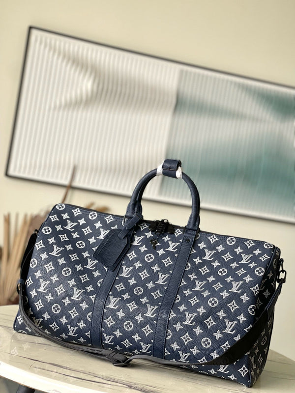 LV Keepall Bandouliere 50 Navy Blue Monogram Shadow Cowhide