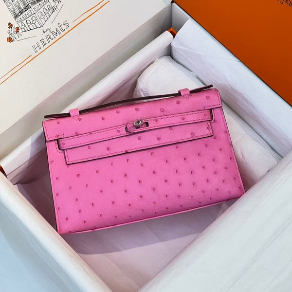 HM Kelly Pochette 20cm Bubblegum Pink Ostrich Leather Silver Hardware