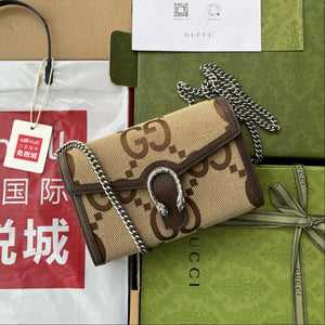 Gucci Jumbo Dionysus Wallet On Chain Brown Canvas and GG Original Leather