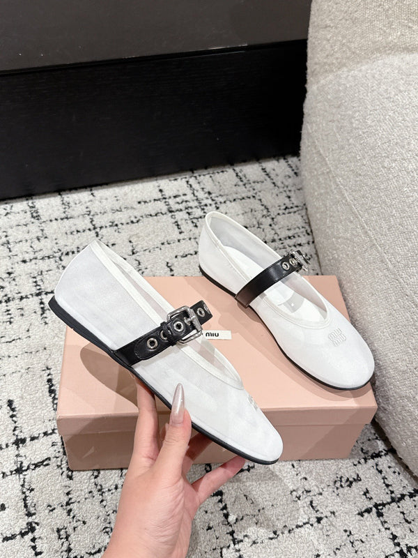 Miu Mary Jane Flat White Mesh Fabric