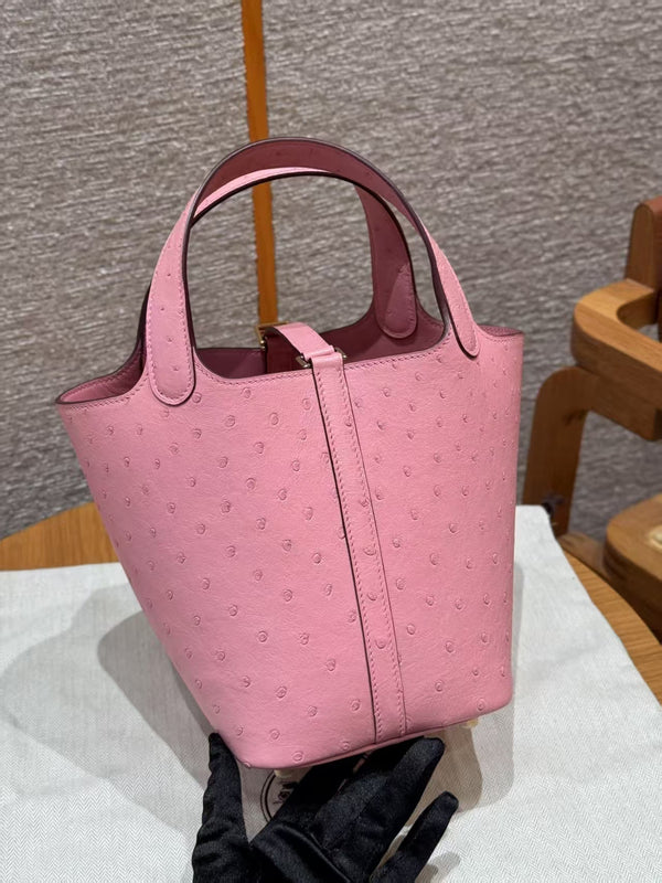 Picotin Lock Pink Ostrich Gold Hardware