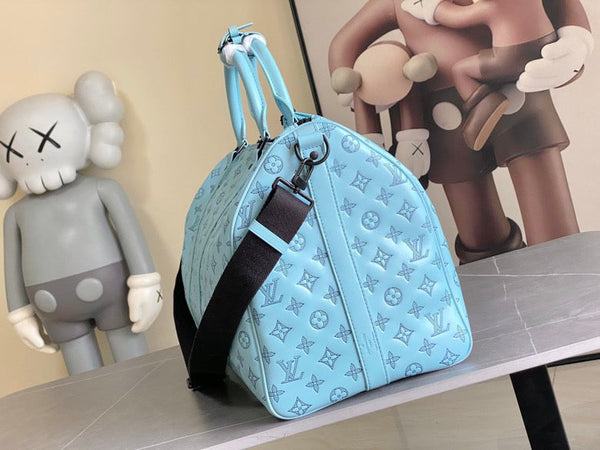 LV Keepall Bandouliere 50 Travel Bag Light Blue Monogram Calfskin