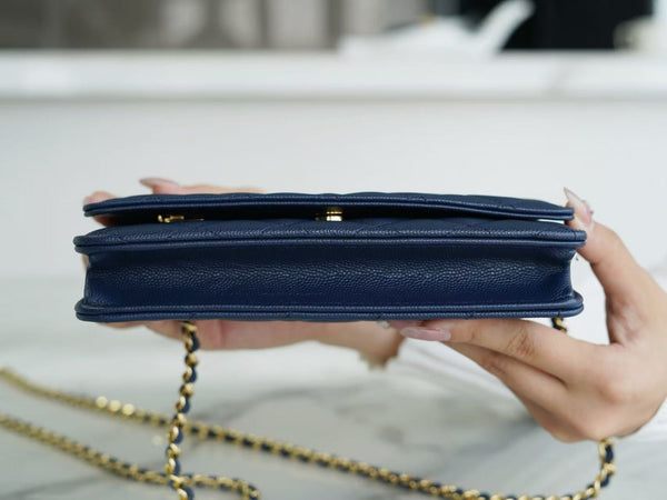 CC Wallet On Chain Woc Navy Blue Caviar leather Gold Hardware