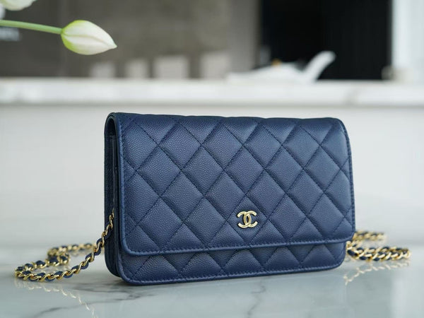 CC Wallet On Chain Woc Navy Blue Caviar leather Gold Hardware