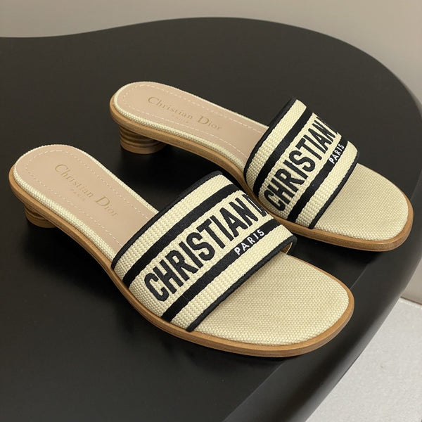 CD Dway Heeled Slide 35mm Natural Raffia and Deep Blue Embroidered Cotton