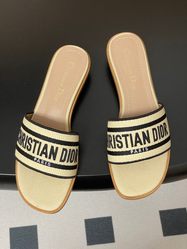 CD Dway Heeled Slide 35mm Natural Raffia and Deep Blue Embroidered Cotton