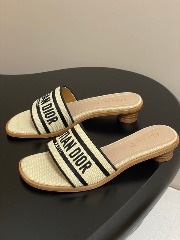 CD Dway Heeled Slide 35mm Natural Raffia and Deep Blue Embroidered Cotton