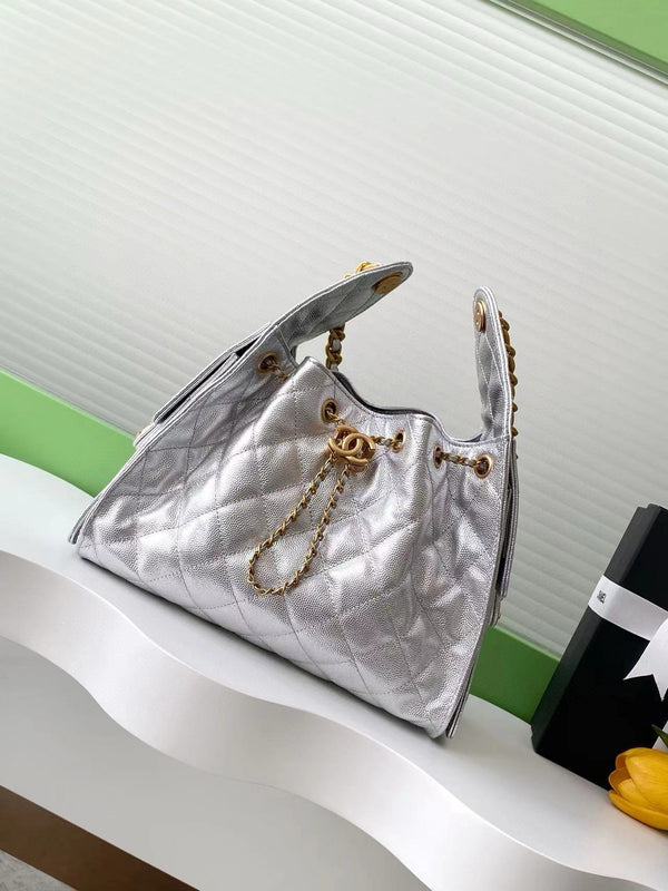 CC 25C Hobo Bags 30cm Silver Metallic Grained Calfskin