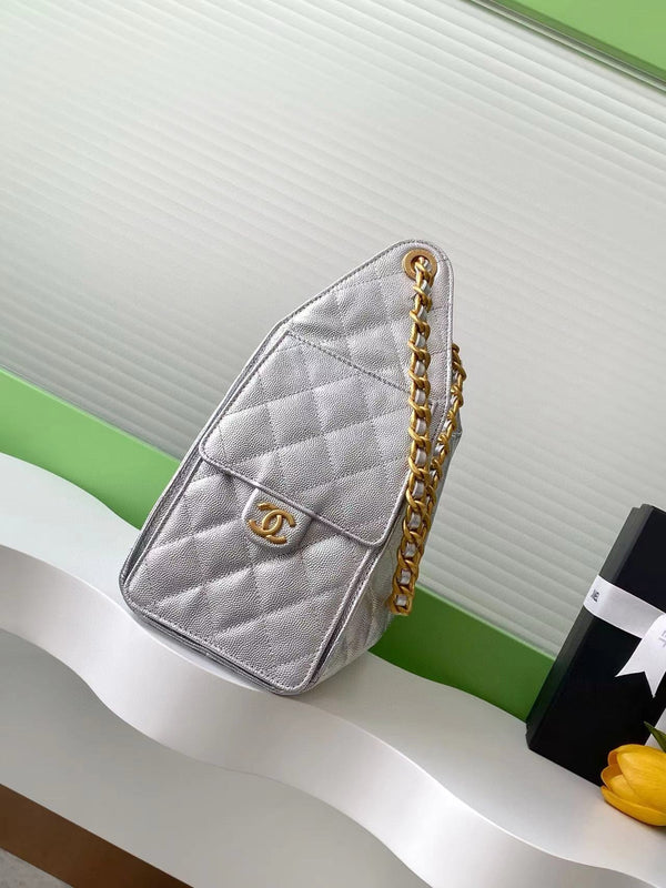 CC 25C Hobo Bags 30cm Silver Metallic Grained Calfskin