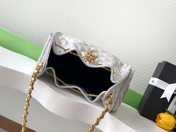 CC 25C Hobo Bags 30cm Silver Metallic Grained Calfskin